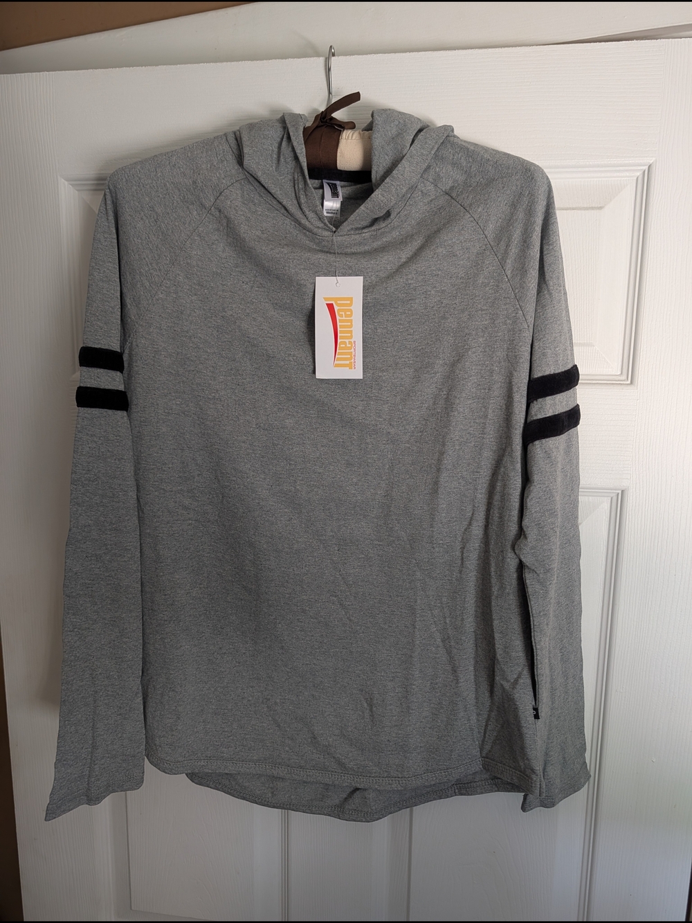 Women's Gray Hooded Long-Sleeve Shirt with Black Sleeve Stripes